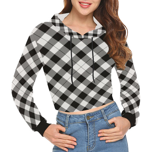 Black and White Tartan Plaid All Over Print Crop Hoodie for Women (Model H22)