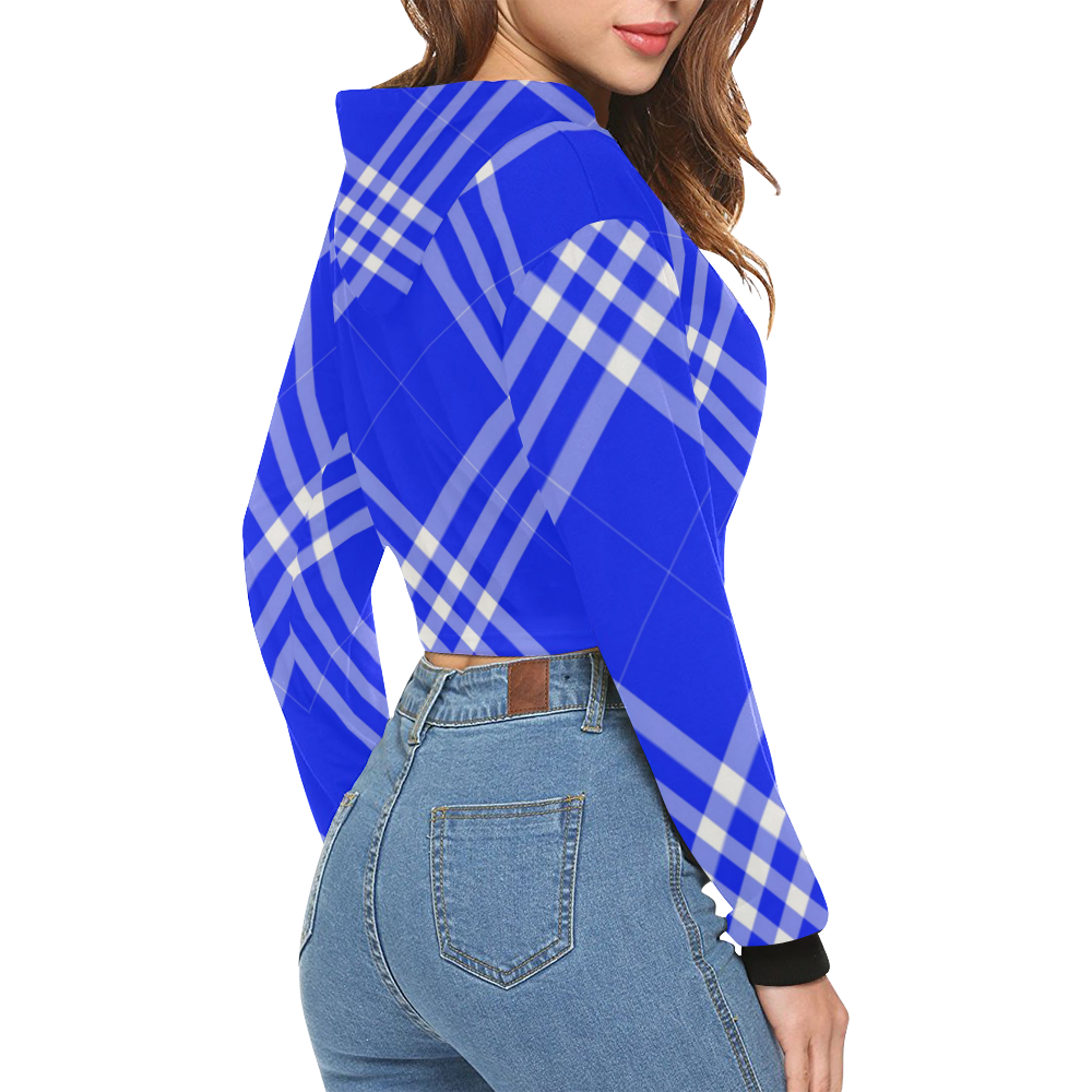 Blue and White Tartan Plaid All Over Print Crop Hoodie for Women (Model H22)