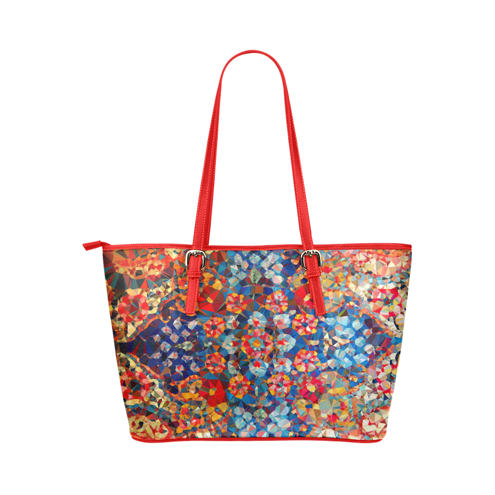 Red Blue Gold Stained Glass Geometric Art Leather Tote Bag/Small (Model 1651)