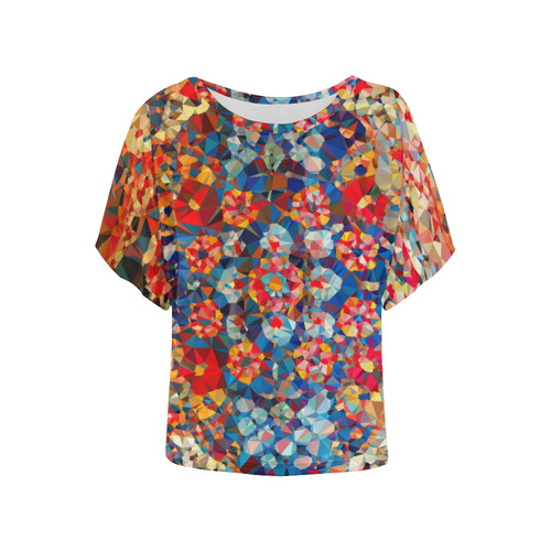 Red Blue Gold Stained Glass Geometric Art Women's Batwing-Sleeved Blouse T shirt (Model T44)