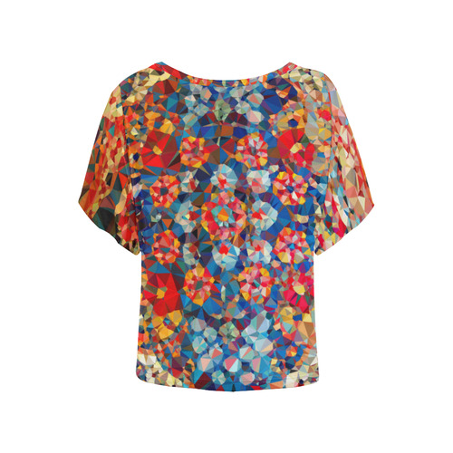 Red Blue Gold Stained Glass Geometric Art Women's Batwing-Sleeved Blouse T shirt (Model T44)