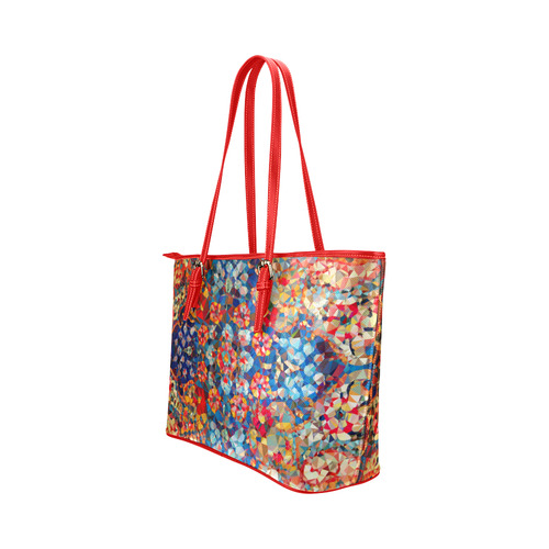 Red Blue Gold Stained Glass Geometric Art Leather Tote Bag/Large (Model 1651)