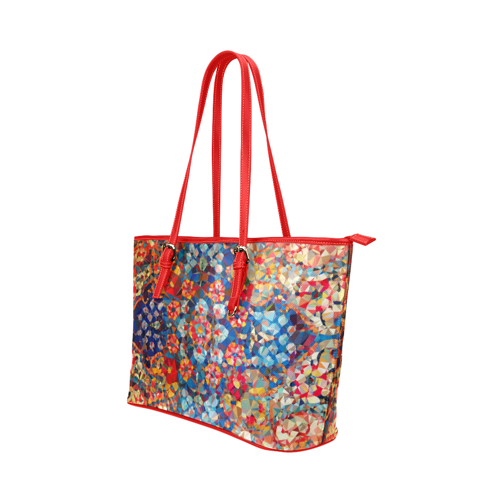 Red Blue Gold Stained Glass Geometric Art Leather Tote Bag/Small (Model 1651)