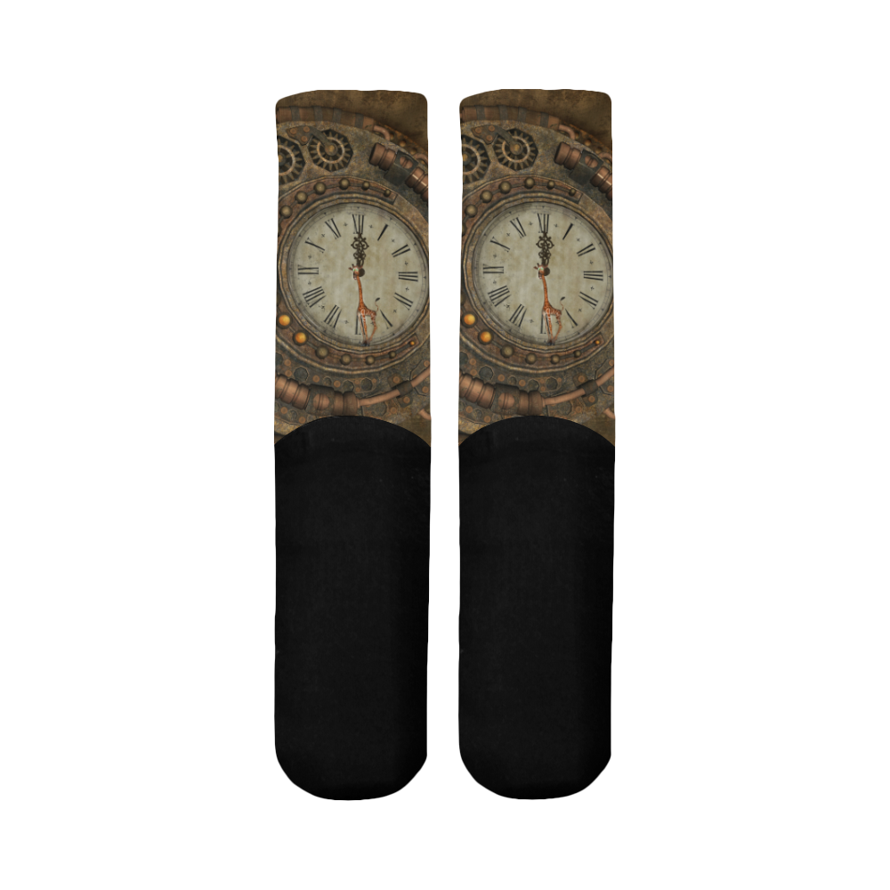 Steampunk clock, cute giraffe Mid-Calf Socks (Black Sole)