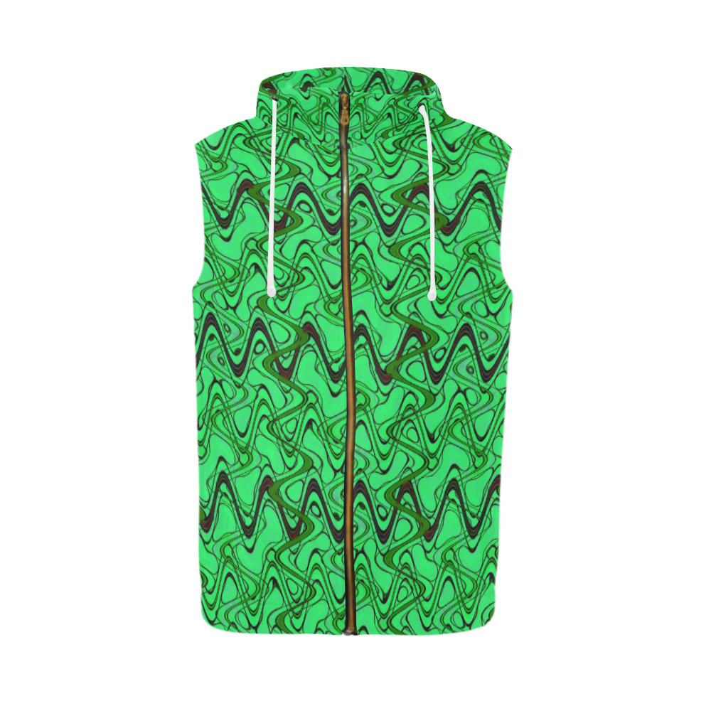 Green and Black Waves All Over Print Sleeveless Zip Up Hoodie for Men (Model H16)