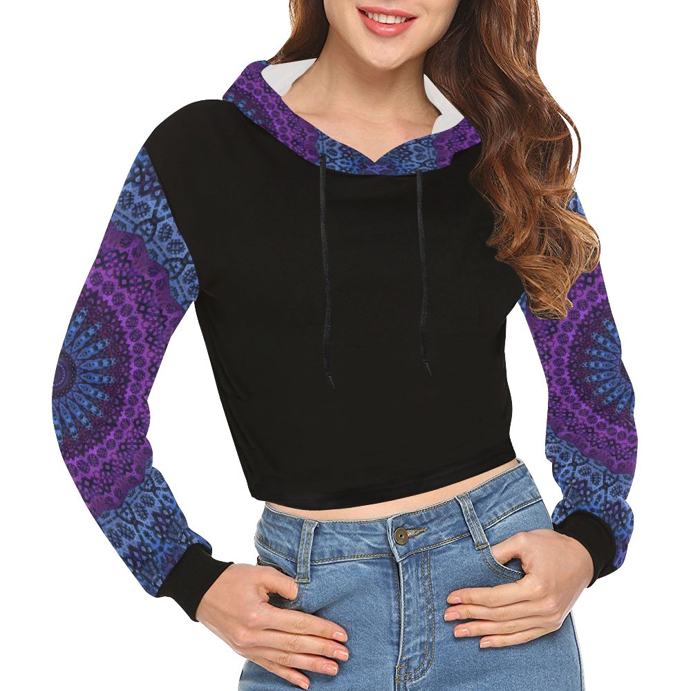 Twilight Mandala on Black All Over Print Crop Hoodie for Women (Model H22)