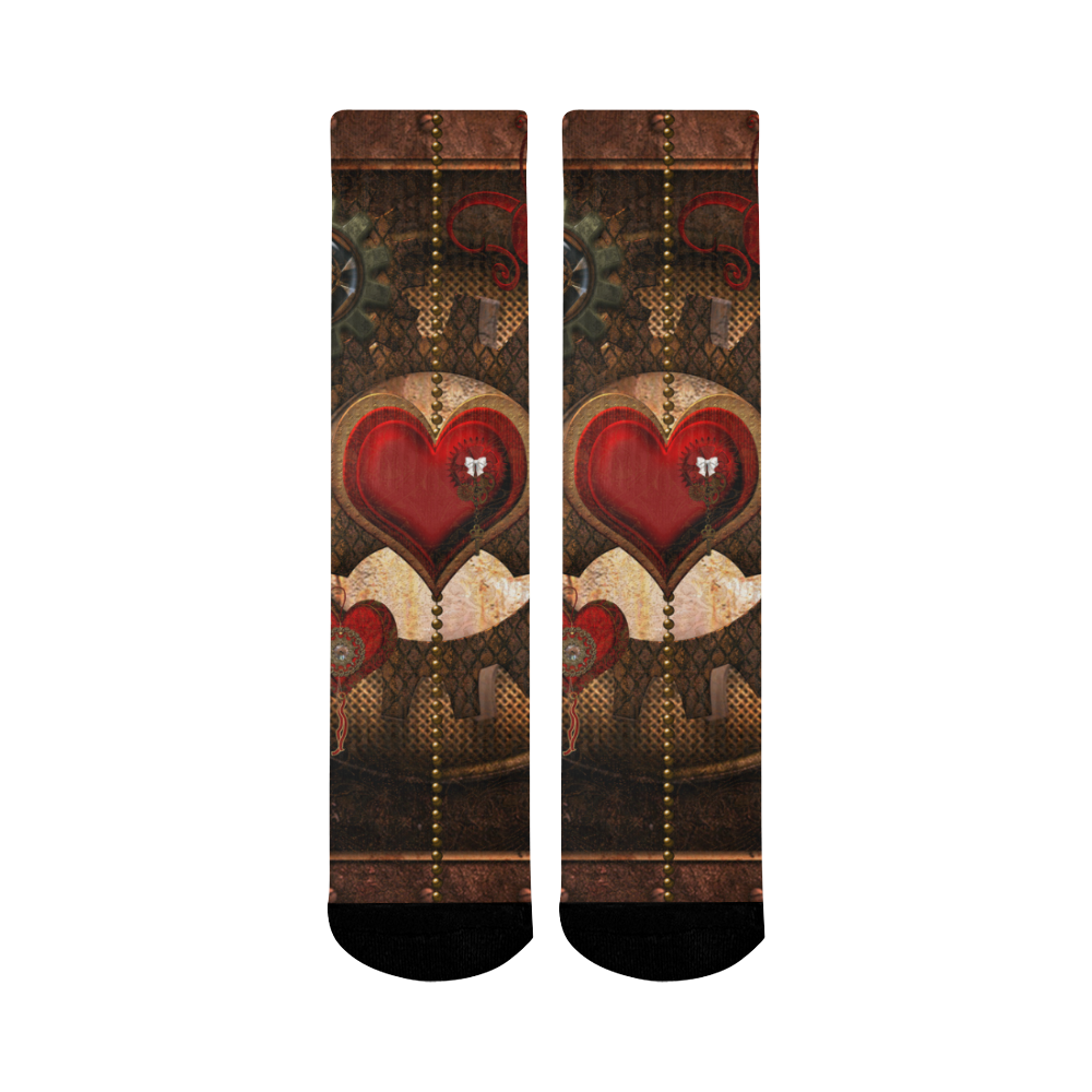 Steampunk, awesome herats with clocks and gears Mid-Calf Socks (Black Sole)
