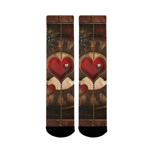 Steampunk, awesome herats with clocks and gears Mid-Calf Socks (Black Sole)