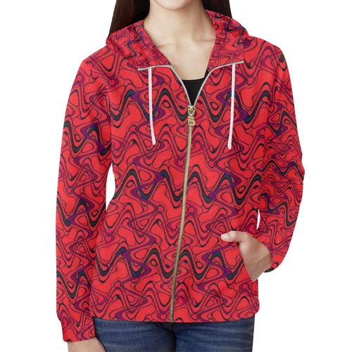 Red and Black Waves All Over Print Full Zip Hoodie for Women (Model H14)