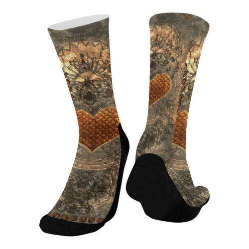Steampuink, rusty heart with clocks and gears Mid-Calf Socks (Black Sole)