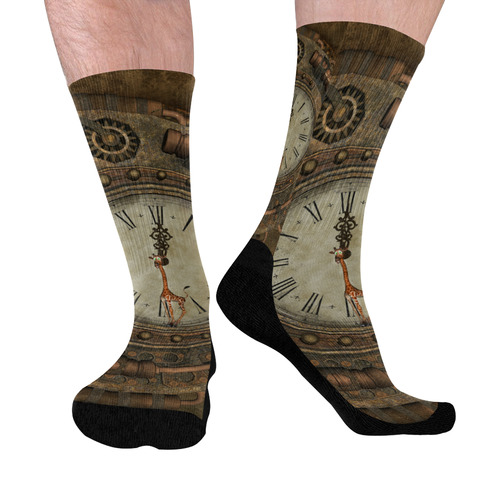 Steampunk clock, cute giraffe Mid-Calf Socks (Black Sole)