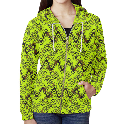 Yellow and Black Waves All Over Print Full Zip Hoodie for Women (Model H14)