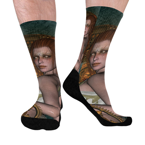 The steampunk lady with awesome eyes, clocks Mid-Calf Socks (Black Sole)