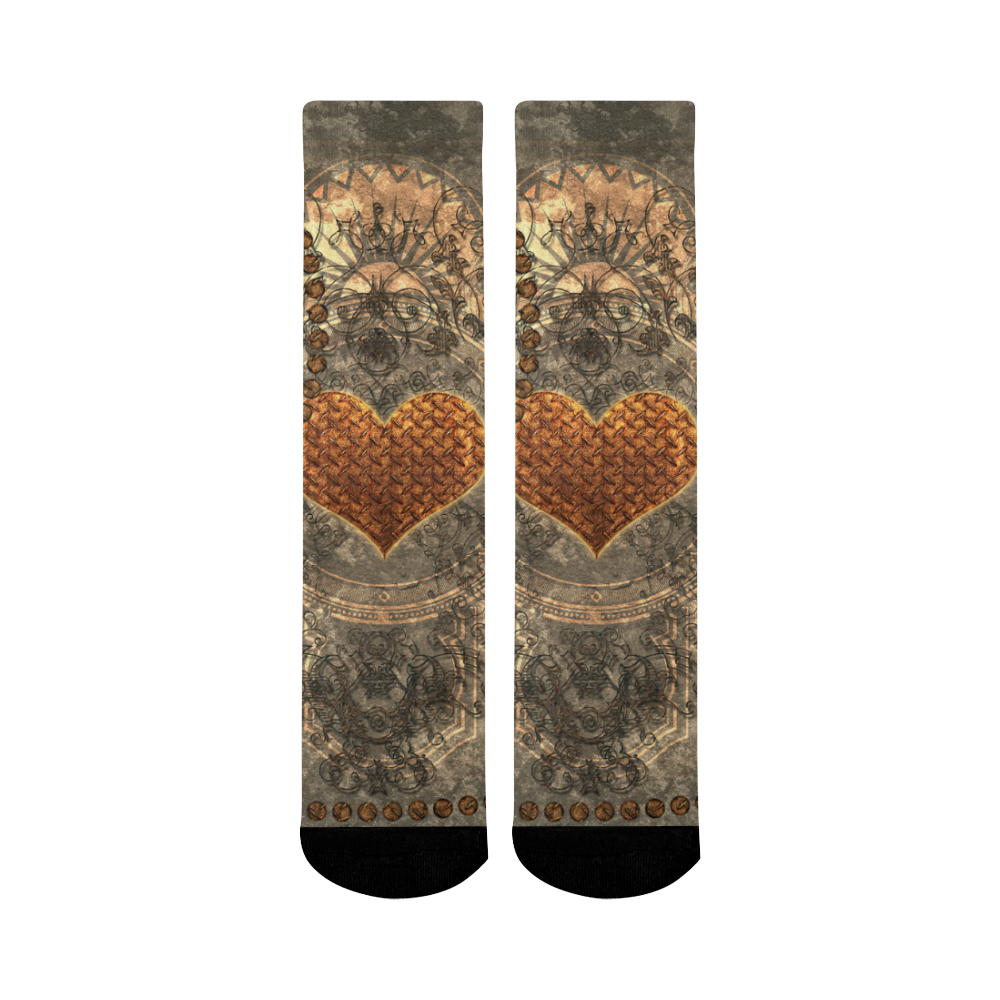 Steampuink, rusty heart with clocks and gears Mid-Calf Socks (Black Sole)