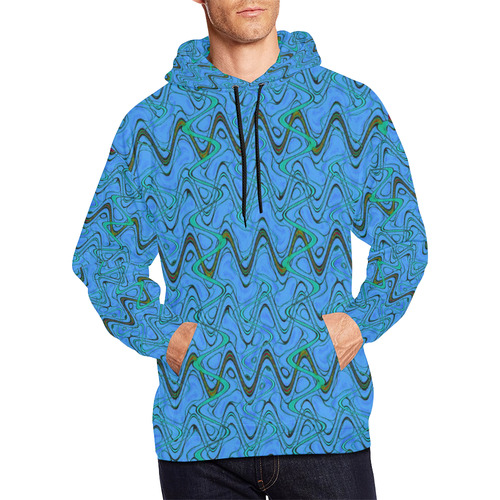 Blue Green and Black Waves All Over Print Hoodie for Men/Large Size (USA Size) (Model H13)