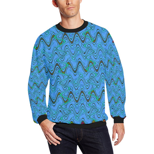 Blue Green and Black Waves Men's Oversized Fleece Crew Sweatshirt/Large Size(Model H18)