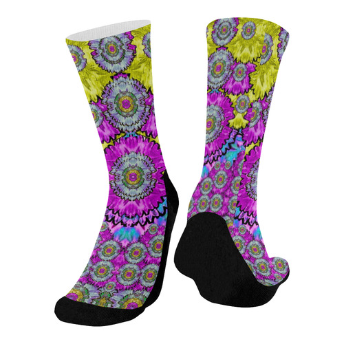 fantasy bloom in Spring time lively colors Mid-Calf Socks (Black Sole)
