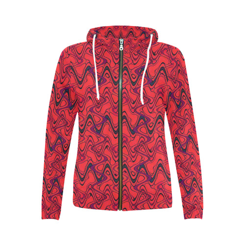 Red and Black Waves All Over Print Full Zip Hoodie for Women (Model H14)
