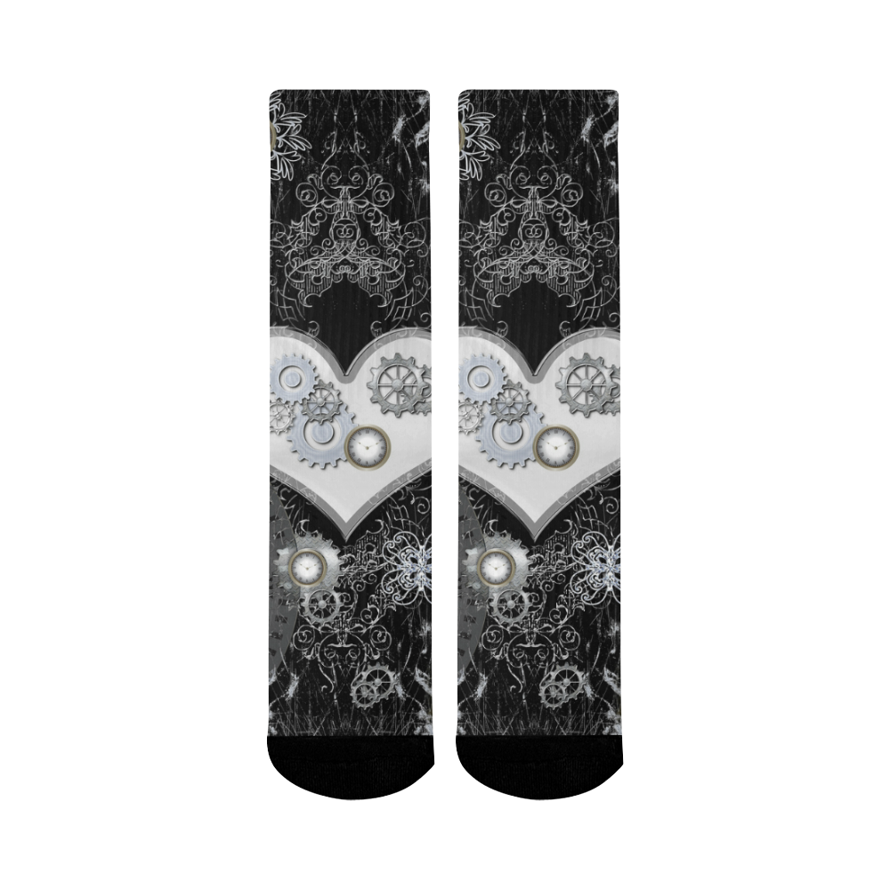 Steampunk, heart, clocks and gears Mid-Calf Socks (Black Sole)
