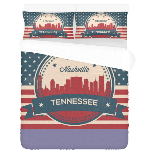 Retro Nashville Tennessee Skyline 3-Piece Bedding Set