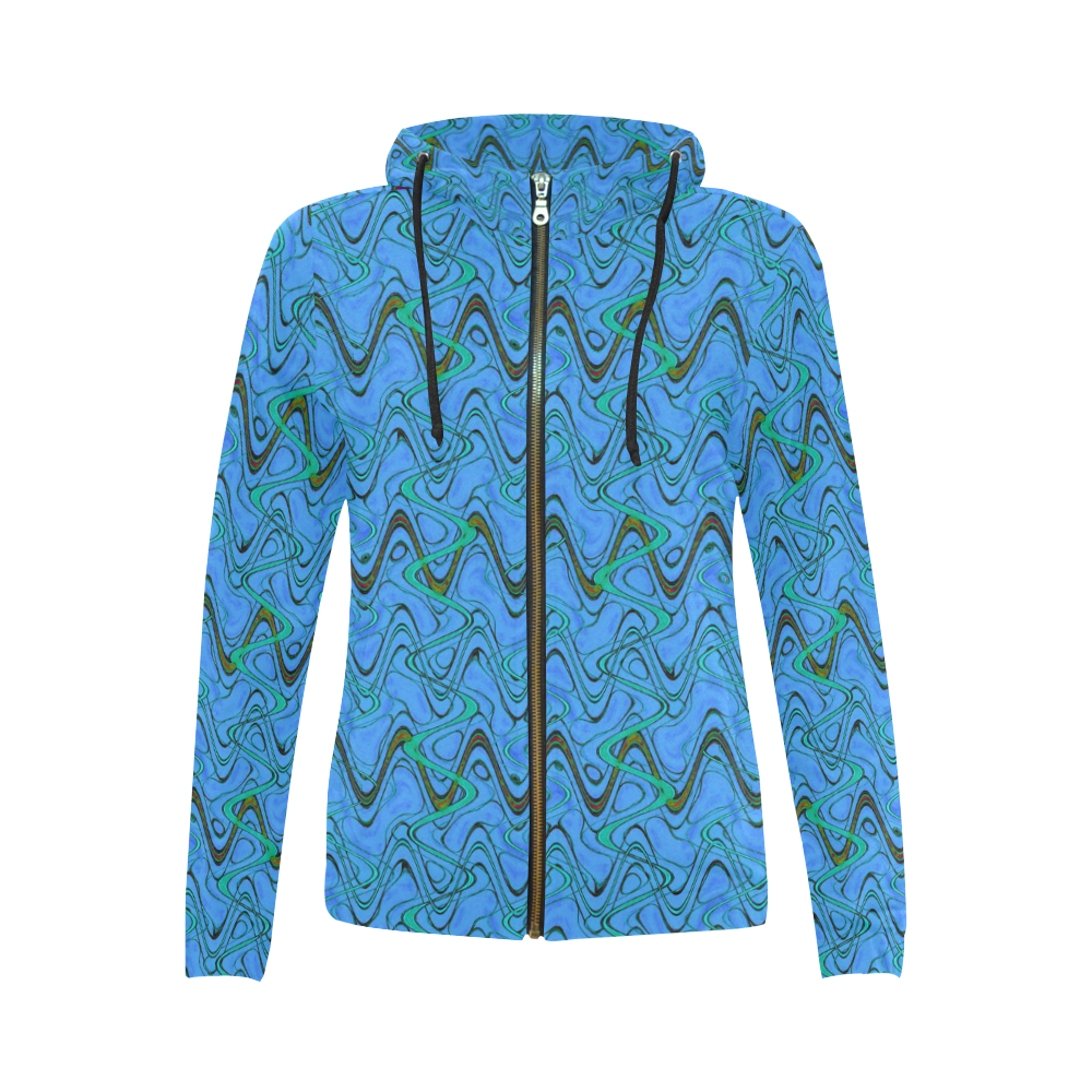 Blue Green and Black Waves All Over Print Full Zip Hoodie for Women (Model H14)