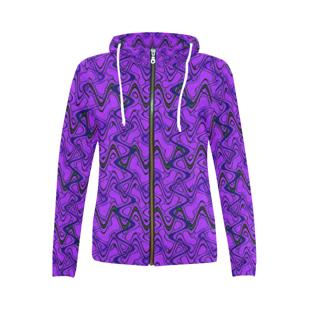 Purple and Black Waves All Over Print Full Zip Hoodie for Women (Model H14)