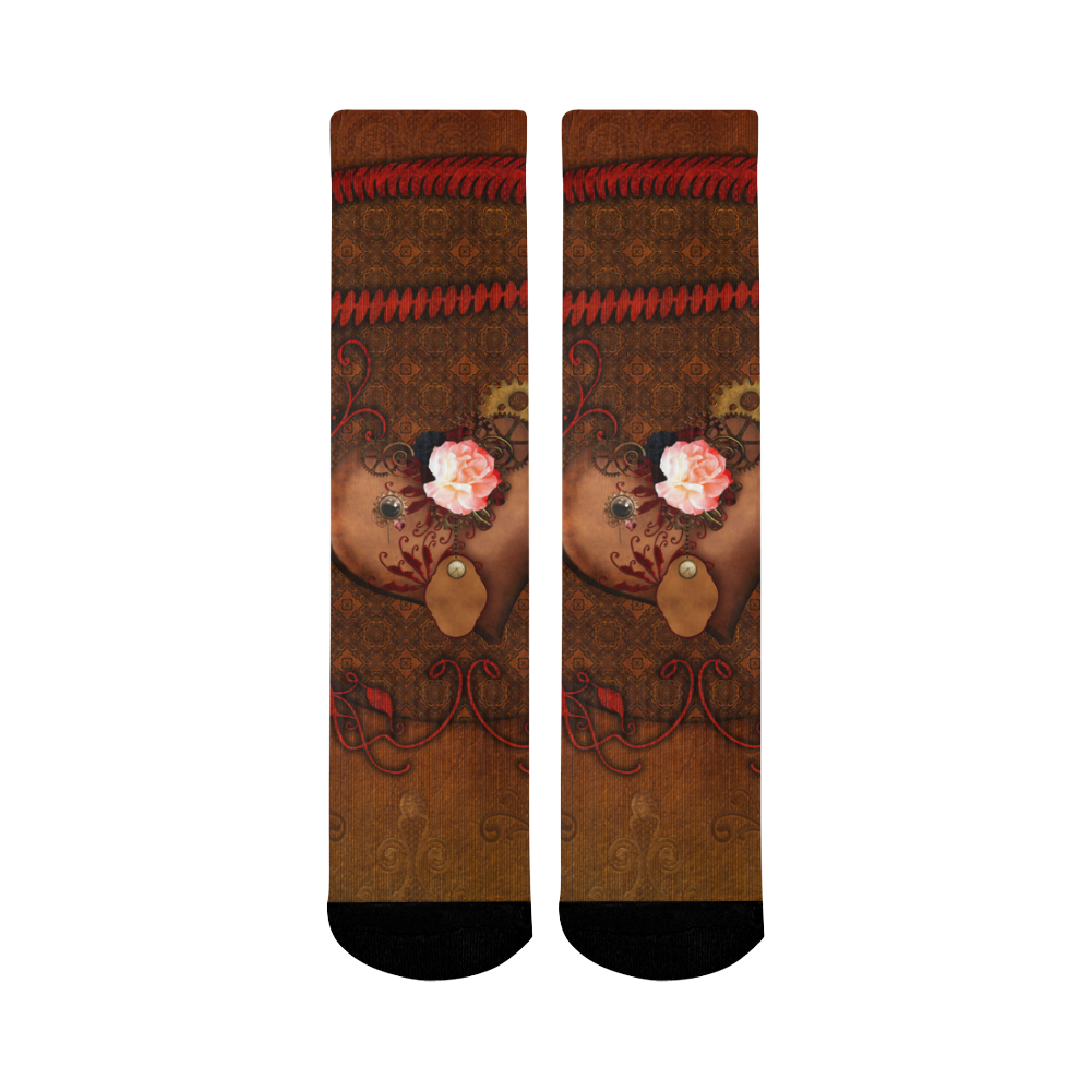 Steampunk heart with roses, valentines Mid-Calf Socks (Black Sole)