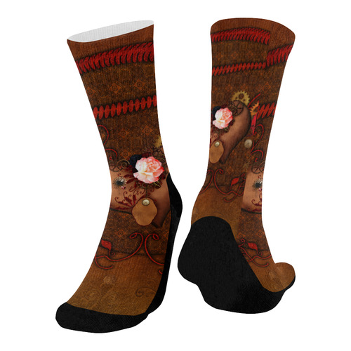 Steampunk heart with roses, valentines Mid-Calf Socks (Black Sole)