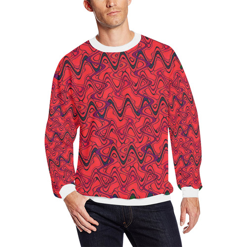 Red and Black Waves Men's Oversized Fleece Crew Sweatshirt/Large Size(Model H18)