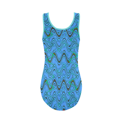 Blue Green and Black Waves Vest One Piece Swimsuit (Model S04)