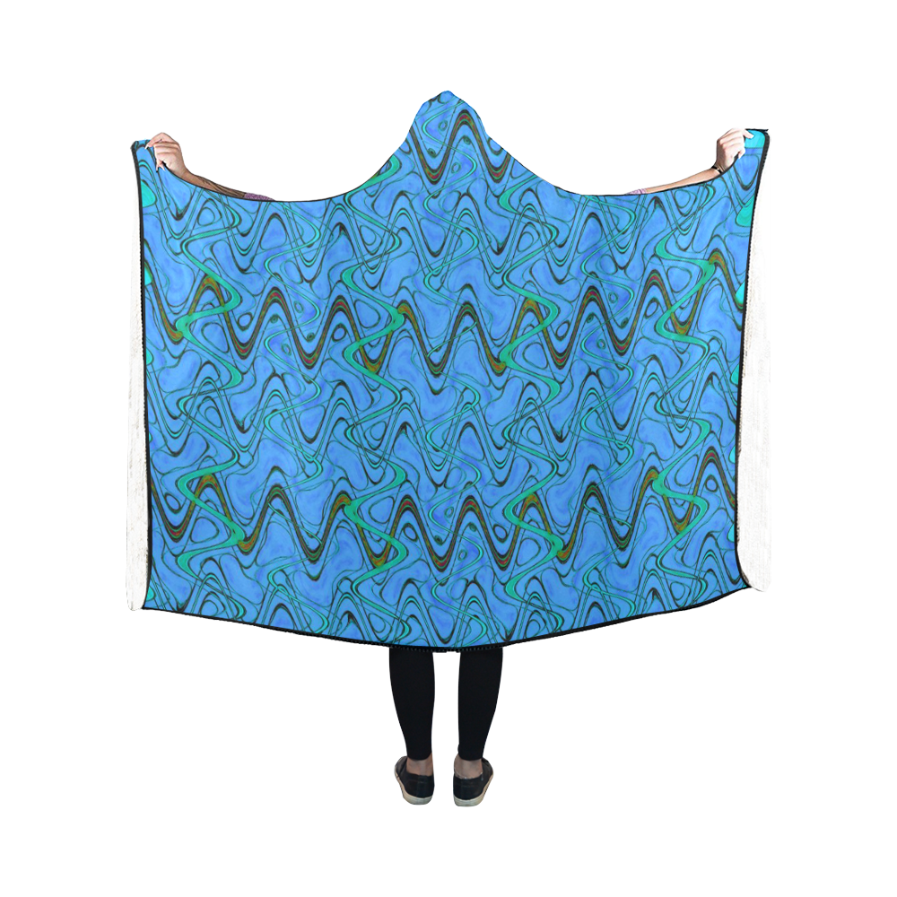 Blue Green and Black Waves Hooded Blanket 50''x40''