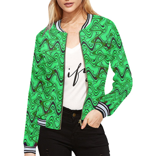 Green and Black Waves All Over Print Bomber Jacket for Women (Model H21)