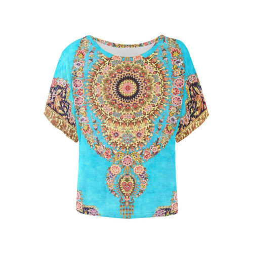 Blue Floral Persian Rug Carpet Pattern Women's Batwing-Sleeved Blouse T shirt (Model T44)