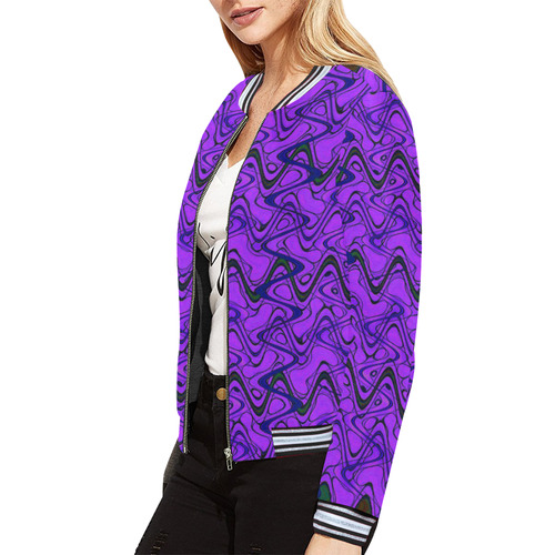 Purple and Black Waves All Over Print Bomber Jacket for Women (Model H21)