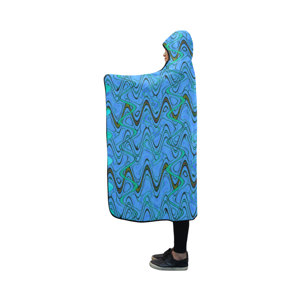 Blue Green and Black Waves Hooded Blanket 50''x40''