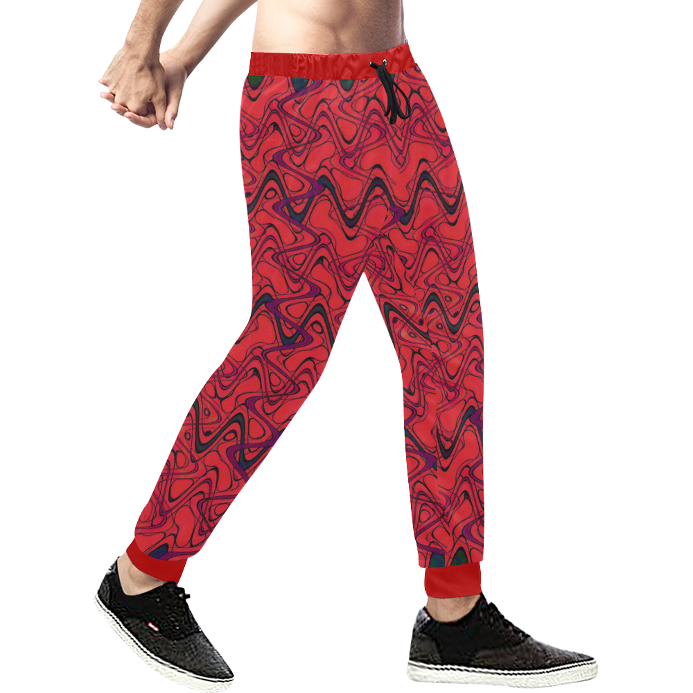 Red and Black Waves Men's All Over Print Sweatpants (Model L11)