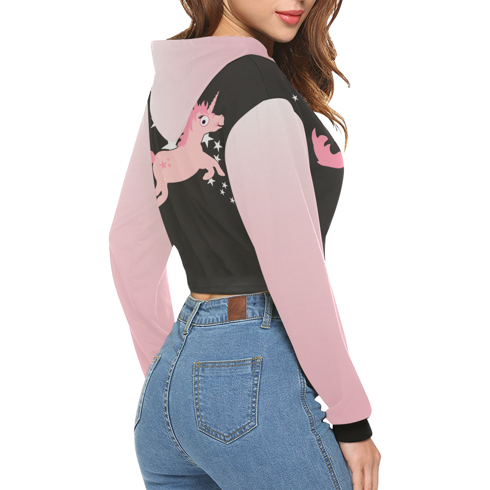 Quirky Unicorn Pink on Black VAS2 All Over Print Crop Hoodie for Women (Model H22)