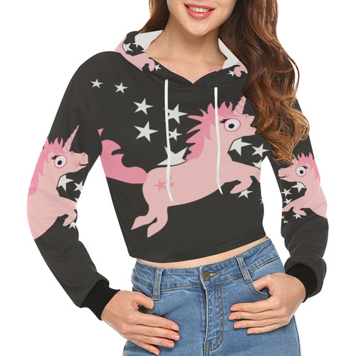 Quirky Unicorn Pink on black VAS2 All Over Print Crop Hoodie for Women (Model H22)