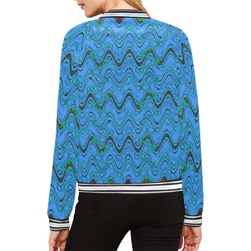 Blue Green and Black Waves All Over Print Bomber Jacket for Women (Model H21)