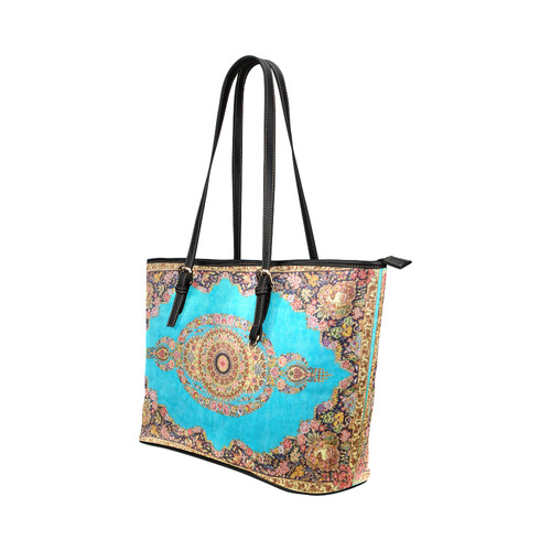 Blue Persian Rug Carpet Floral Pattern Leather Tote Bag/Large (Model 1651)