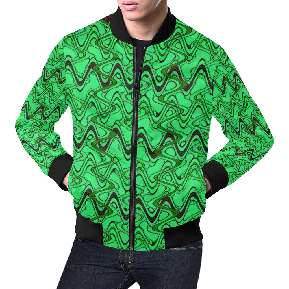 Green and Black Waves All Over Print Bomber Jacket for Men (Model H19)