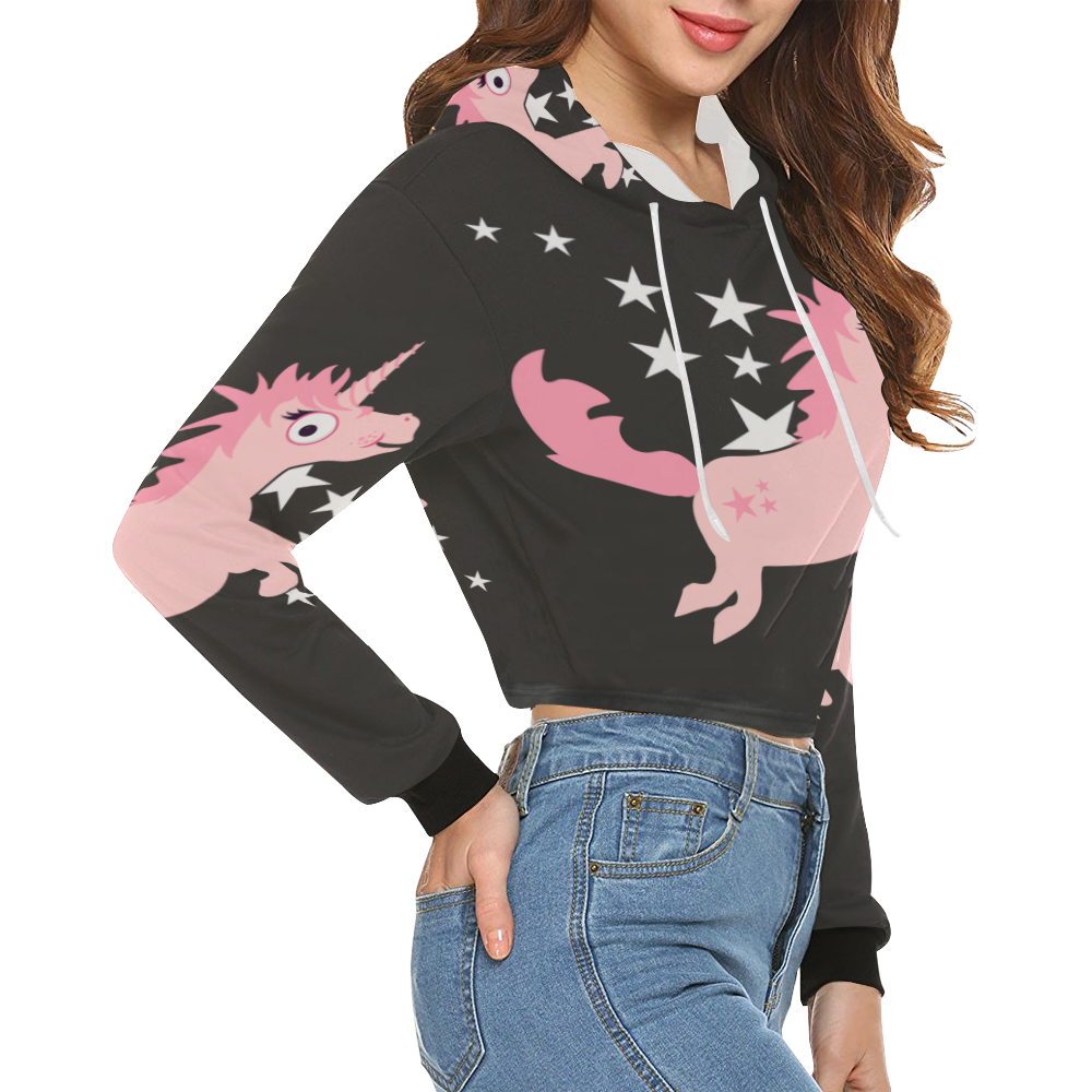 Quirky Unicorn Pink on black VAS2 All Over Print Crop Hoodie for Women (Model H22)