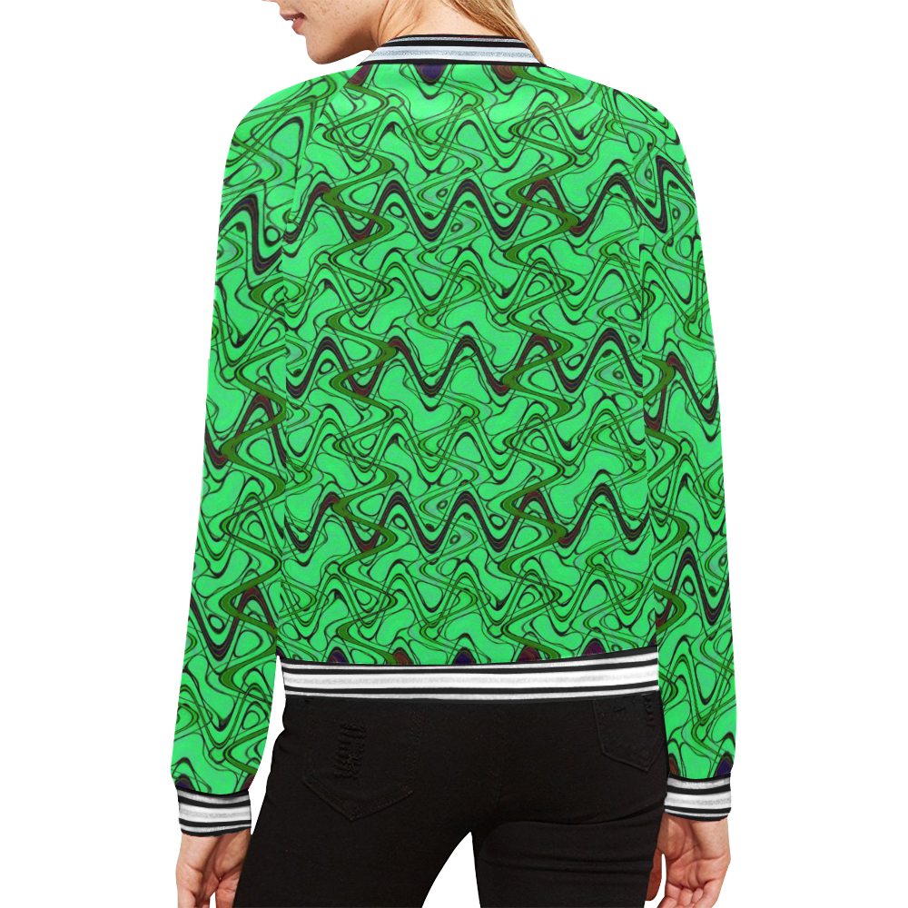 Green and Black Waves All Over Print Bomber Jacket for Women (Model H21)