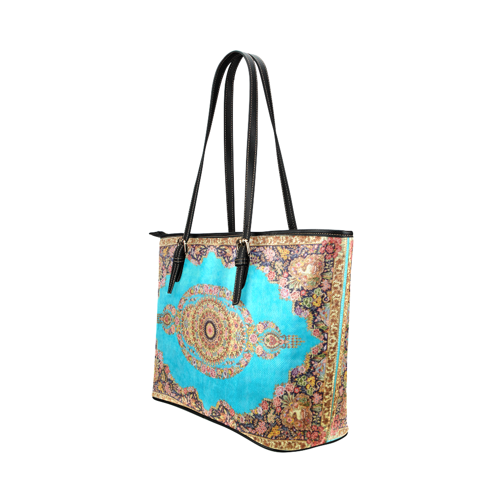 Blue Persian Rug Carpet Floral Pattern Leather Tote Bag/Small (Model 1651)