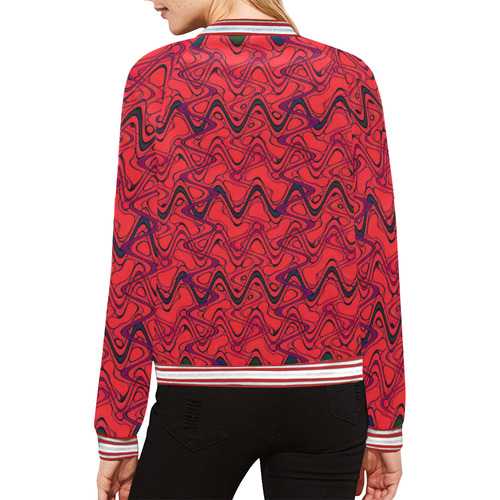 Red and Black Waves All Over Print Bomber Jacket for Women (Model H21)