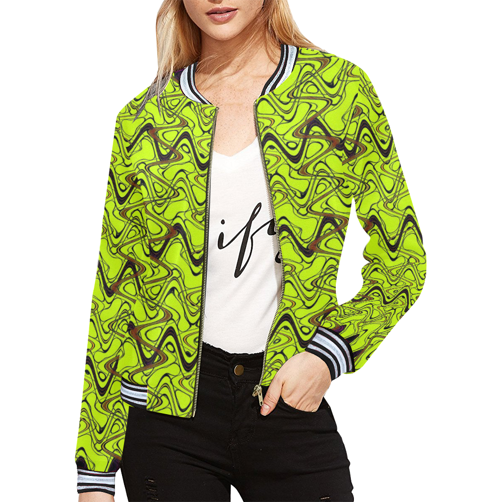 Yellow and Black Waves All Over Print Bomber Jacket for Women (Model H21)