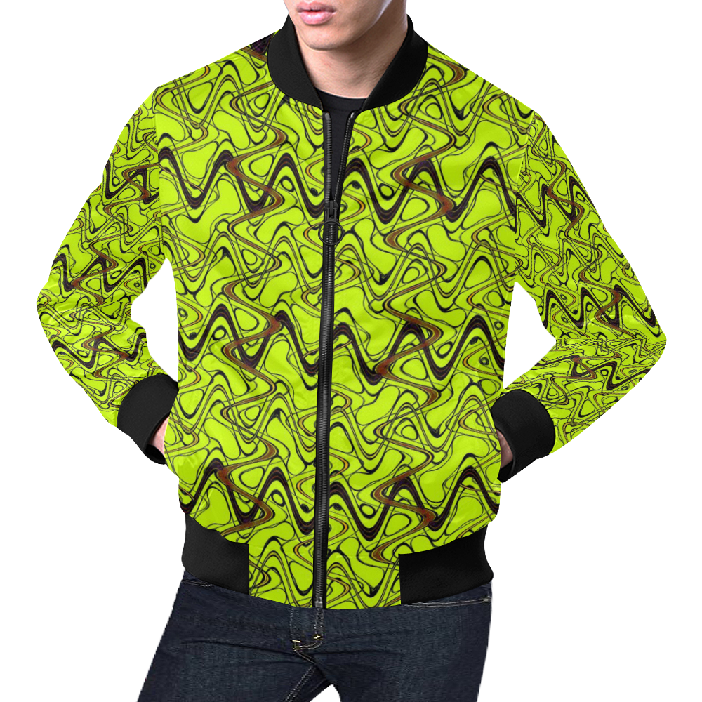 Yellow and Black Waves All Over Print Bomber Jacket for Men (Model H19)
