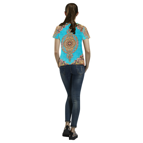 Blue Floral Persian Rug Carpet Pattern All Over Print T-Shirt for Women (USA Size) (Model T40)
