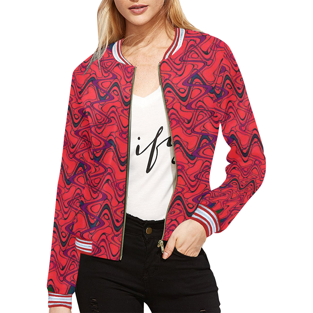 Red and Black Waves All Over Print Bomber Jacket for Women (Model H21)