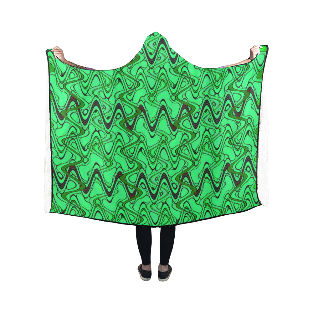 Green and Black Waves Hooded Blanket 50''x40''